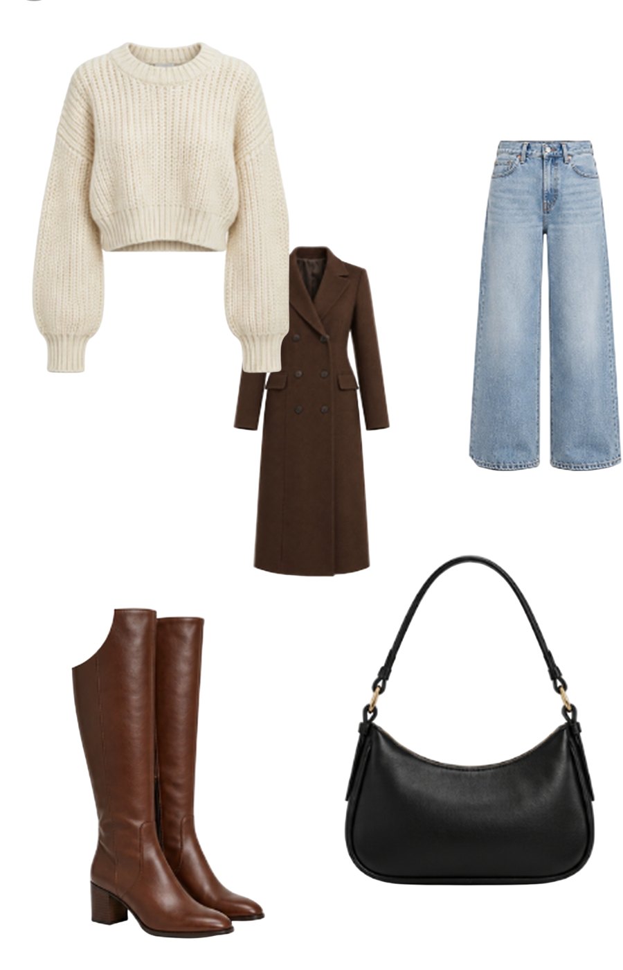 A dressing room canvas with a cream sweater, brown coat, wide-leg jeans, brown boots and a black bag laid out together.