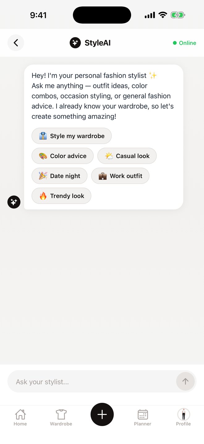 The FitMe AI stylist chat offering to style your wardrobe, with shortcuts for colour advice, casual look, date night, work outfit and trendy look.