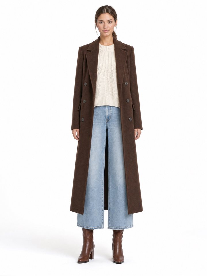 The same avatar wearing a long brown coat over wide-leg jeans.